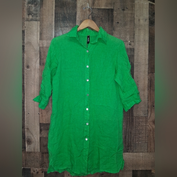NWT Venti6 Italian Linen 3/4 Tab Sleeve Tunic Mini Shirt Dress Green Size Small - Picture 1 of 5